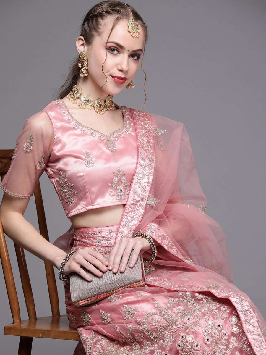 Pink Embroidered Semi-Stitched Lehenga with Unstitched Blouse & Dupatta - Inddus.com