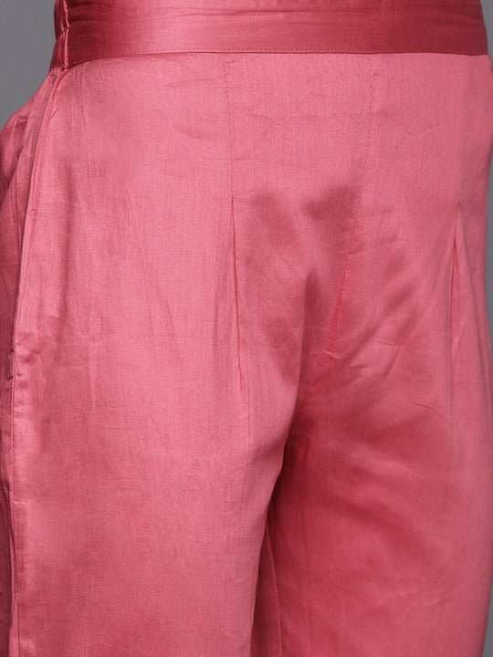 Pink Embroidered Sequined A-Line Chanderi Cotton Kurta with Trousers & Dupatta - Inddus.com