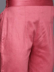 Pink Embroidered Sequined A-Line Chanderi Cotton Kurta with Trousers & Dupatta - Inddus.com