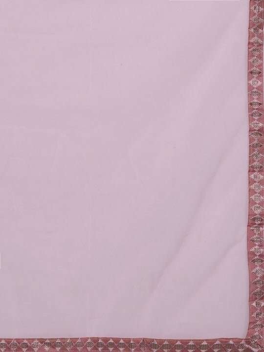Pink Embroidered Sequined A-Line Chanderi Cotton Kurta with Trousers & Dupatta - Inddus.com