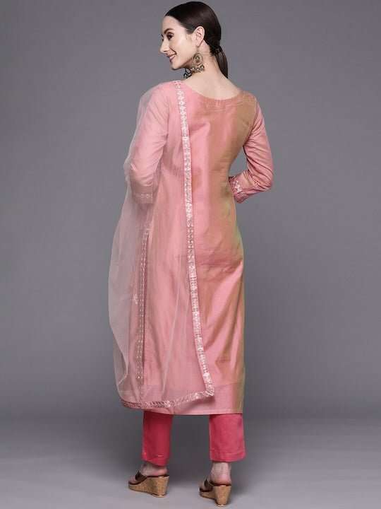 Pink Embroidered Sequined A-Line Chanderi Cotton Kurta with Trousers & Dupatta - Inddus.com