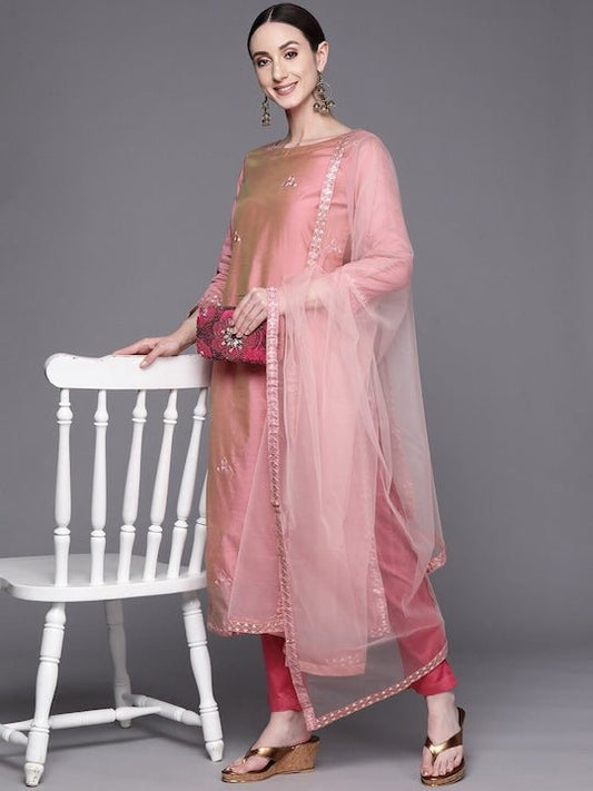 Pink Embroidered Sequined A-Line Chanderi Cotton Kurta with Trousers & Dupatta - Inddus.com