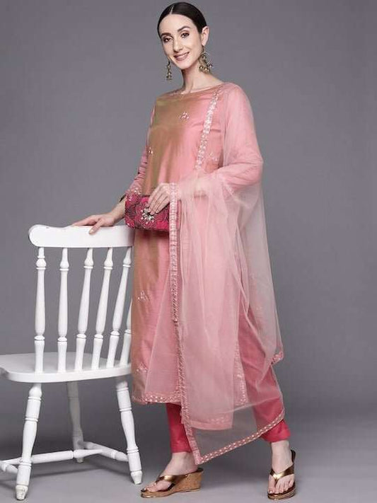 Pink Embroidered Sequined A-Line Chanderi Cotton Kurta with Trousers & Dupatta - Inddus.com