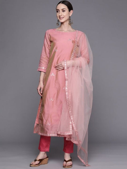 Pink Embroidered Sequined A-Line Chanderi Cotton Kurta with Trousers & Dupatta - Inddus.com