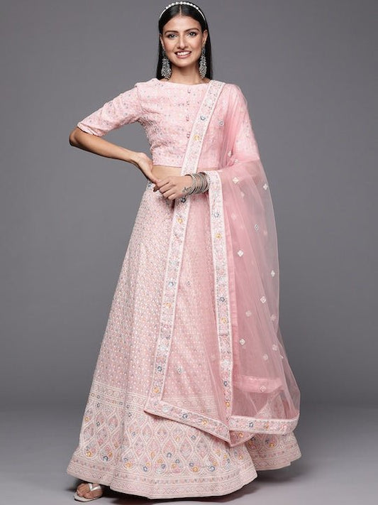 Pink Embroidered Sequinned Semi-Stitched Lehenga & Unstitched Blouse With Dupatta Net - Inddus.com