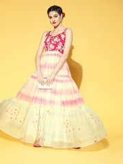 Pink Embroidered Tie and Dye Teirred Dress - Inddus.com