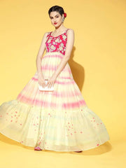 Pink Embroidered Tie and Dye Teirred Dress - Inddus.com