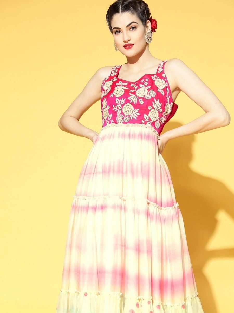 Pink Embroidered Tie and Dye Teirred Dress - Inddus.com