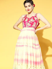 Pink Embroidered Tie and Dye Teirred Dress - Inddus.com