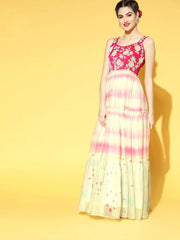 Pink Embroidered Tie and Dye Teirred Dress - Inddus.com