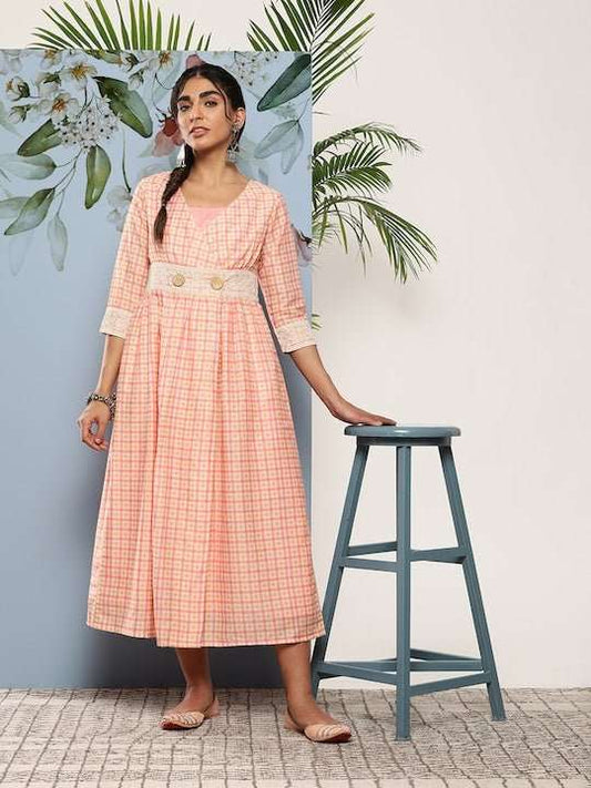 Pink Ethnic Midi Dress - Inddus.com
