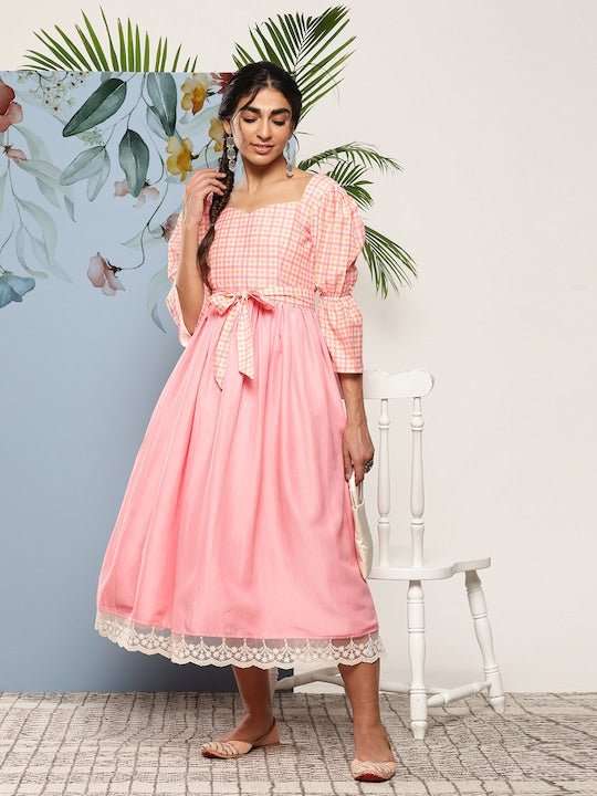 Pink Ethnic Midi Dress - Inddus.com