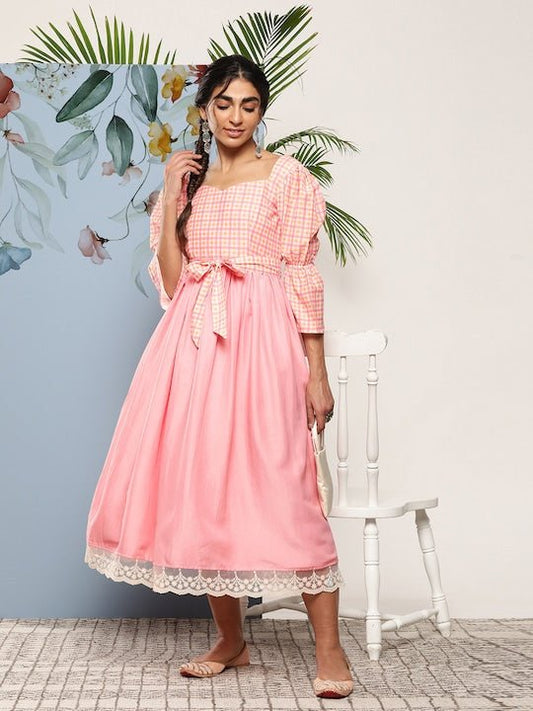 Pink Ethnic Midi Dress - Inddus.com