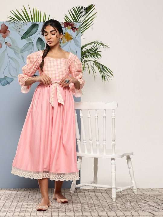 Pink Ethnic Midi Dress - Inddus.com