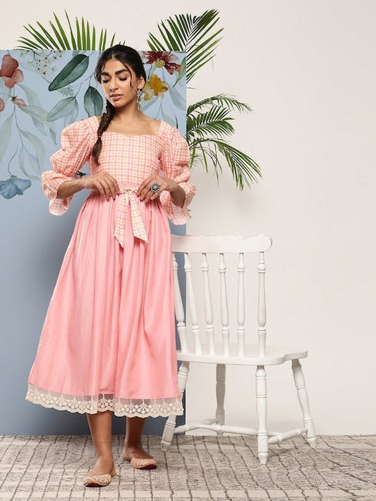 Pink Ethnic Midi Dress - Inddus.com