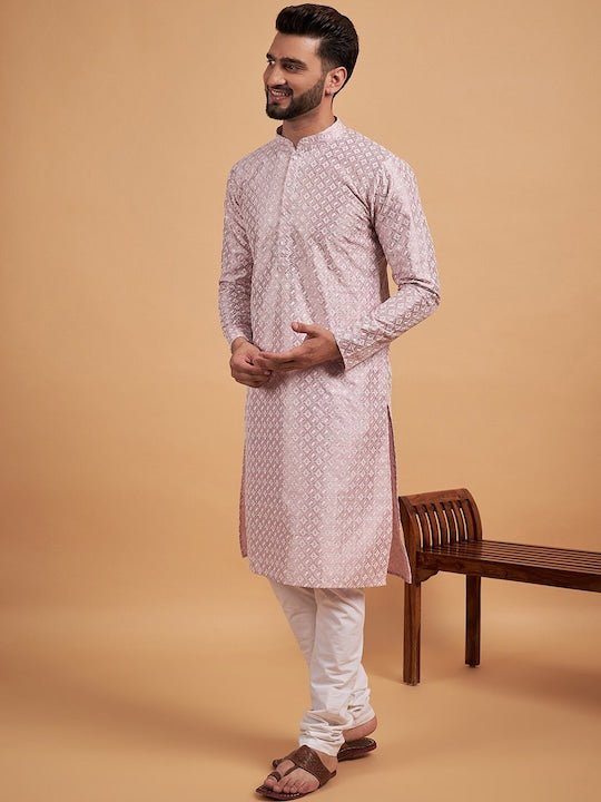 Pink Ethnic Motif Embroidered Chikankari Straight Kurta - Inddus.com