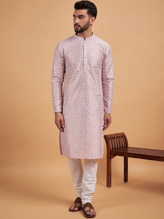 Pink Ethnic Motif Embroidered Chikankari Straight Kurta - Inddus.com