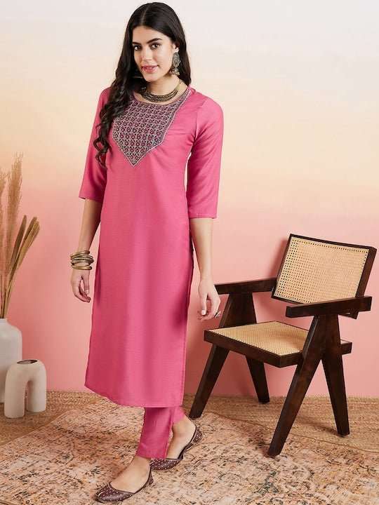 Pink Ethnic Motifs Embroidered Regular Kurta with Trousers - Inddus.com