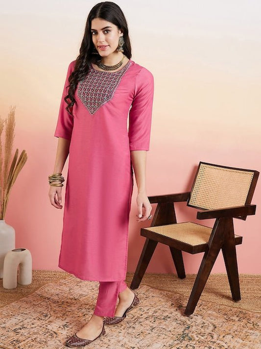 Pink Ethnic Motifs Embroidered Regular Kurta with Trousers - Inddus.com