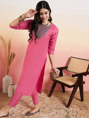 Pink Ethnic Motifs Embroidered Regular Kurta with Trousers - Inddus.com