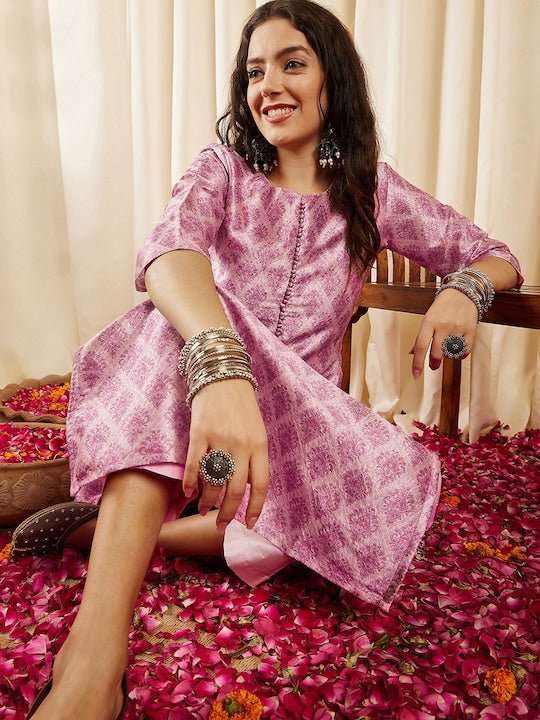Pink Ethnic Motifs Printed Kurta with Trousers - Inddus.com