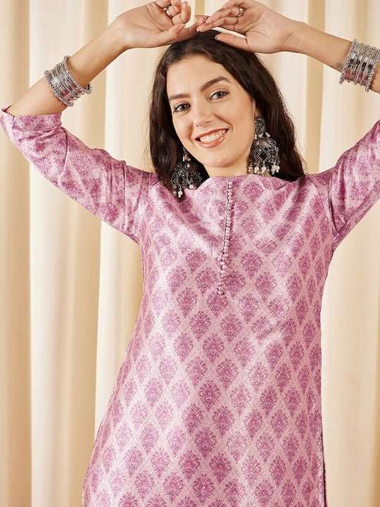 Pink Ethnic Motifs Printed Kurta with Trousers - Inddus.com