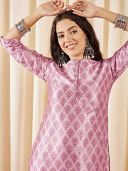 Pink Ethnic Motifs Printed Kurta with Trousers - Inddus.com