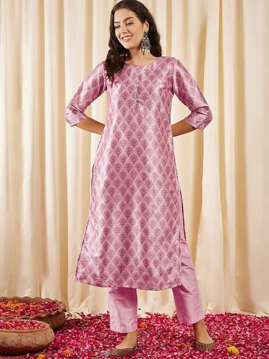 Pink Ethnic Motifs Printed Kurta with Trousers - Inddus.com