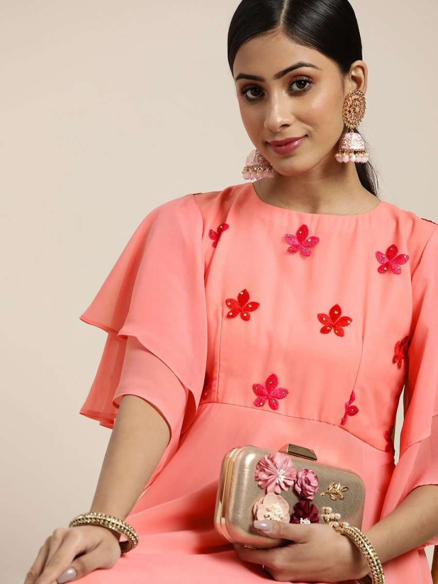 Pink Fit and Flared Embroidered Yoked Gown - Inddus.com