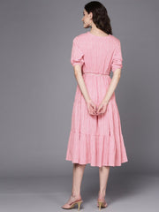 Pink Floral A-Line Midi Dress - Inddus.com