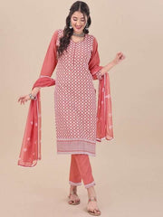 Pink Floral Embroidered Chikankari Pure Cotton Kurta & Trousers With Dupatta - Inddus.com