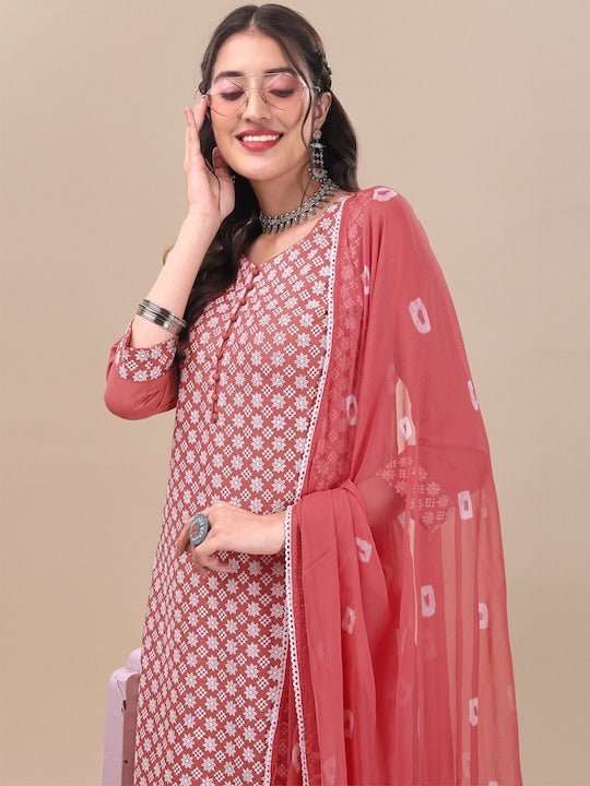Pink Floral Embroidered Chikankari Pure Cotton Kurta & Trousers With Dupatta - Inddus.com