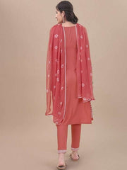 Pink Floral Embroidered Chikankari Pure Cotton Kurta & Trousers With Dupatta - Inddus.com