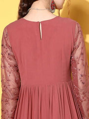 Pink Floral Embroidered Georgette Maxi Dress - Inddus.com