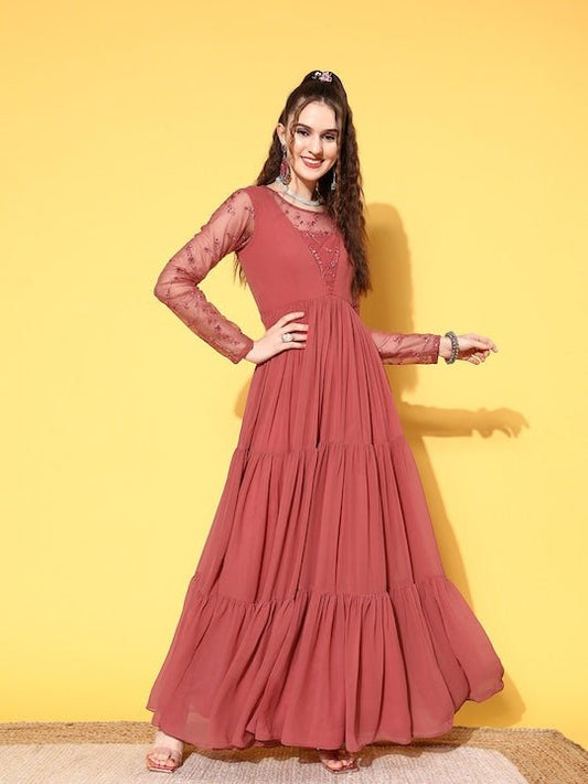 Pink Floral Embroidered Georgette Maxi Dress - Inddus.com