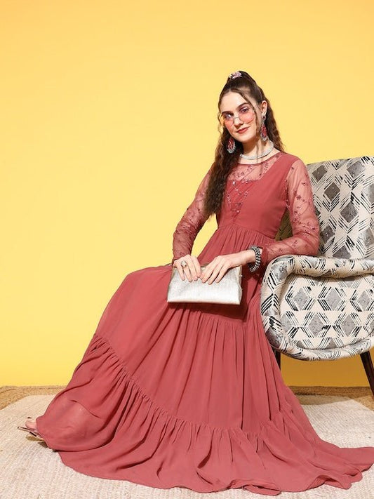 Pink Floral Embroidered Georgette Maxi Dress - Inddus.com