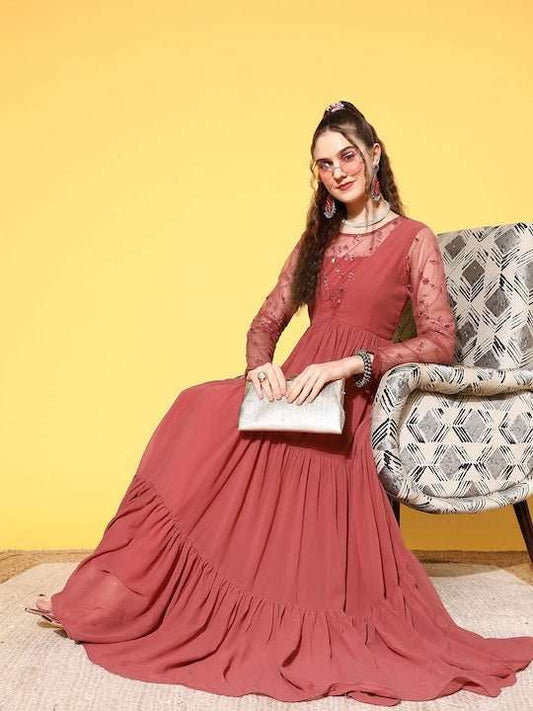 Pink Floral Embroidered Georgette Maxi Dress - Inddus.com