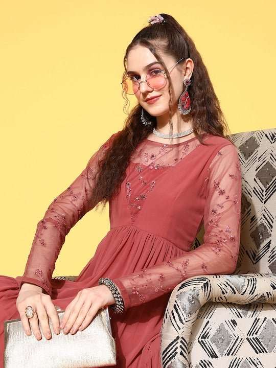 Pink Floral Embroidered Georgette Maxi Dress - Inddus.com