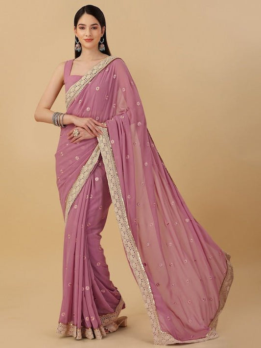 Pink Floral Embroidered Saree