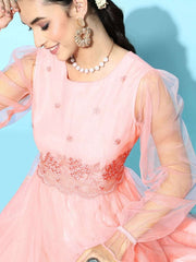 Pink Floral Net Embroidered Party Gown - Inddus.com