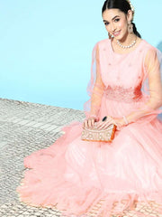 Pink Floral Net Embroidered Party Gown - Inddus.com