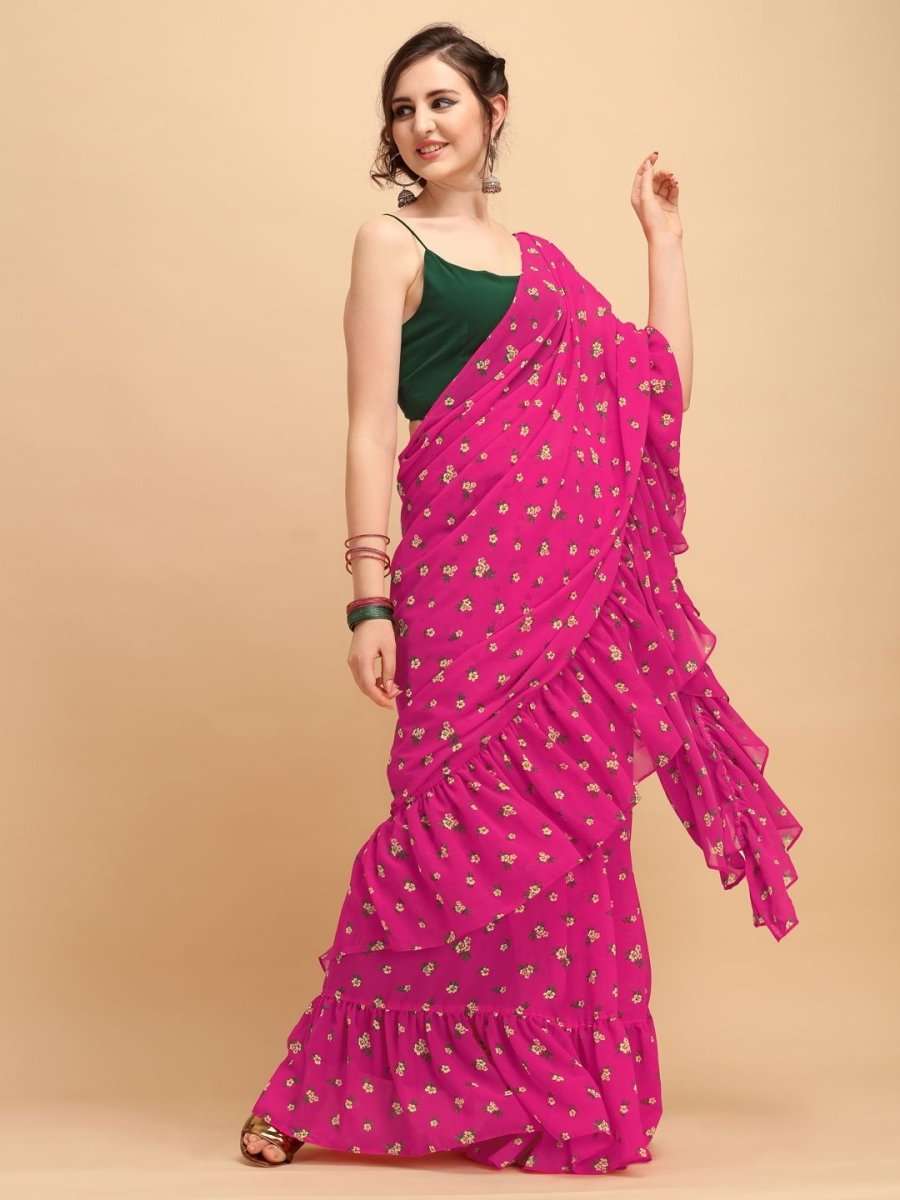 Pink Floral Print Ruffled Saree - inddus-us