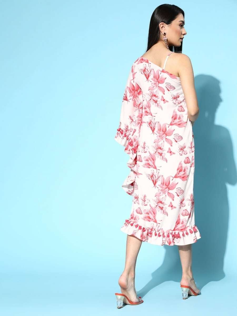 Pink Floral Printed Asymmetric Gown - Inddus.com