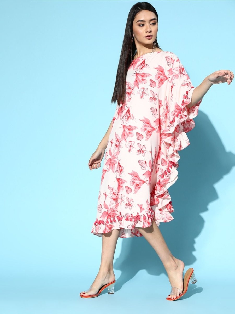 Pink Floral Printed Asymmetric Gown - Inddus.com