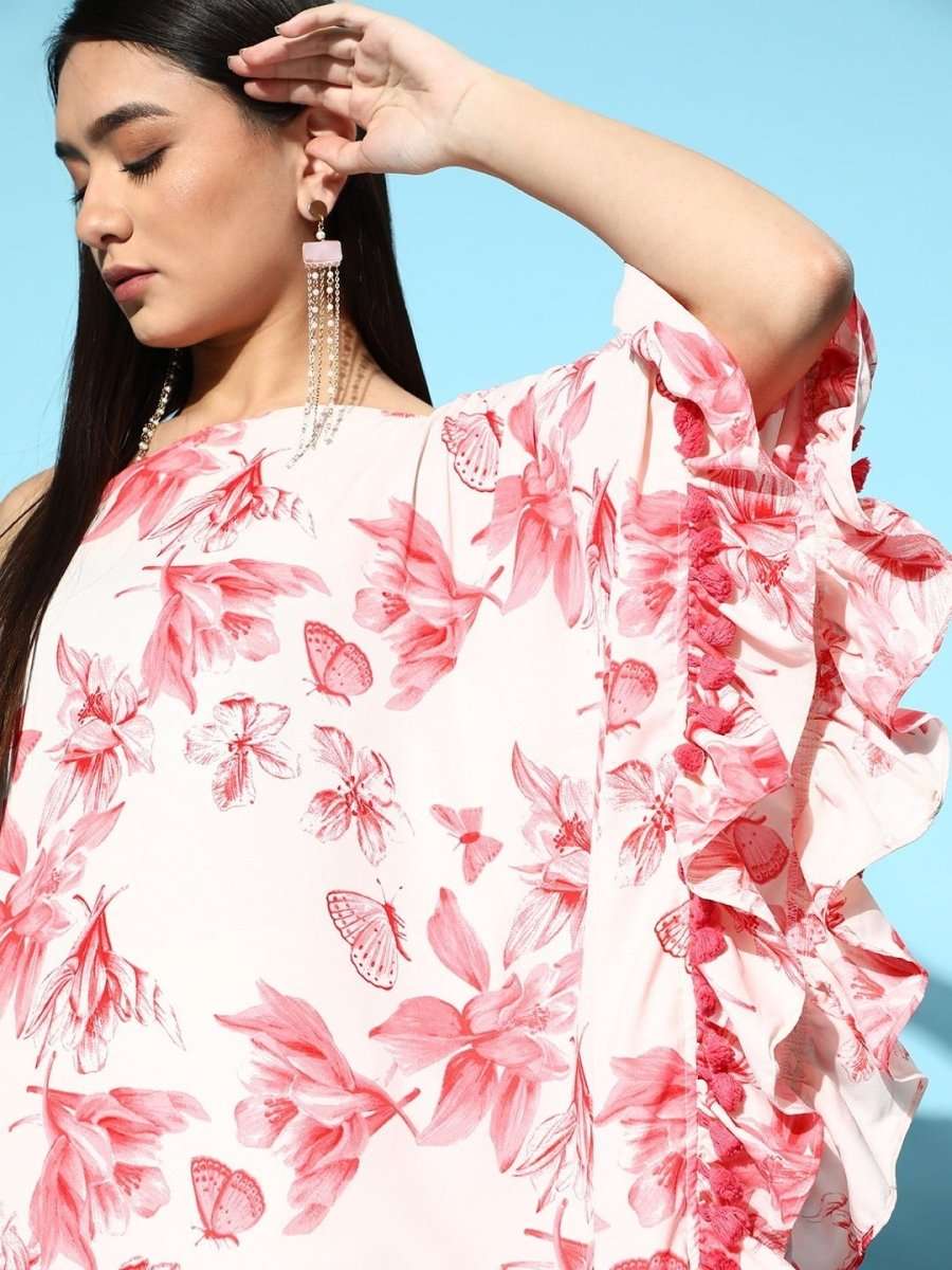 Pink Floral Printed Asymmetric Gown - Inddus.com