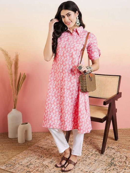 Pink Floral Printed Regular Shirt Collar Kurta With Trouser - Inddus.com