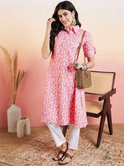 Pink Floral Printed Regular Shirt Collar Kurta With Trouser - Inddus.com