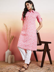 Pink Floral Printed Regular Shirt Collar Kurta With Trouser - Inddus.com