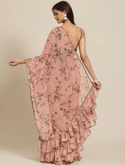 Pink Floral Printed Ruffle Saree - Inddus.com