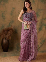 Pink Floral Printed Sequinned Organza Saree